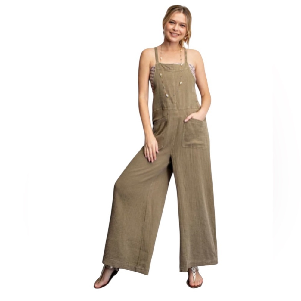 Easel Here I Am Jumpsuit Overalls Sz M Wide Leg Sleeveless Cotton Gauze Brown

M